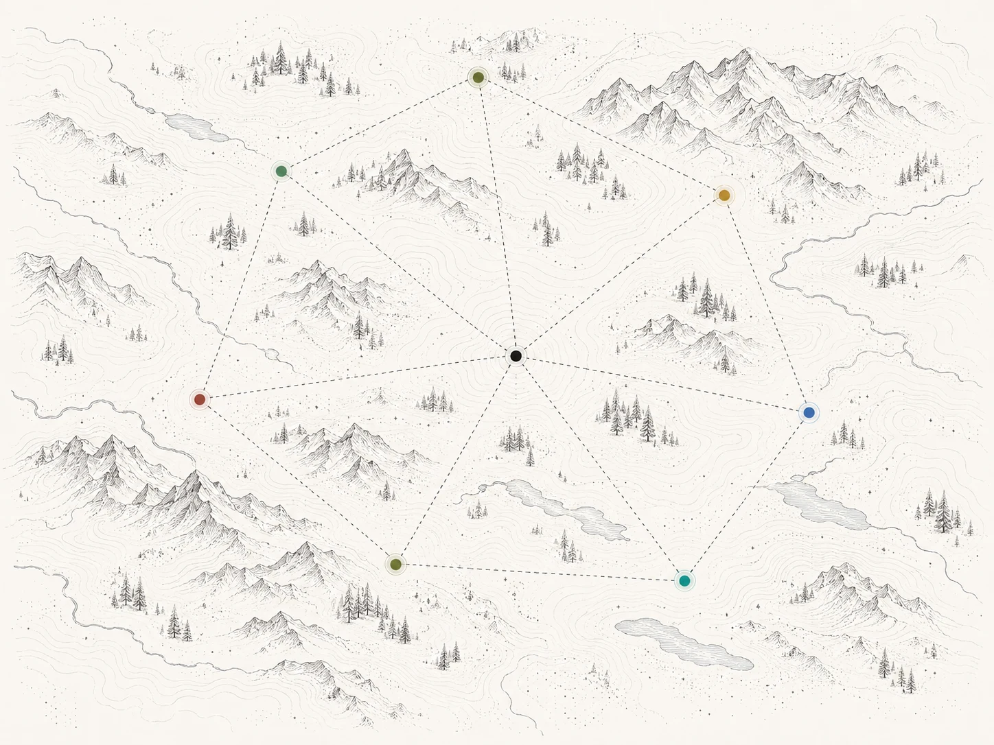 An engraved relief illustration crossed by fine lines and colored points, representing the connected project network.